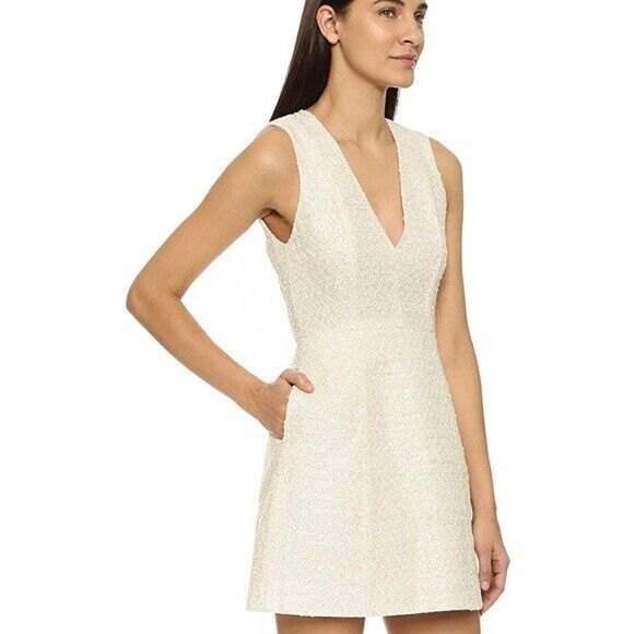 NWT Alice + Olivia $485 Silk Linen Blend Glittery V-Neck Party Dress - Picture 3 of 12